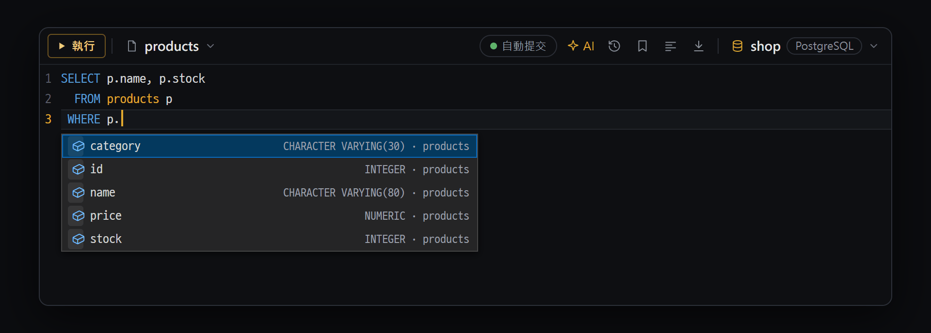在 SQL 編輯器輸入 'p.' 後,products 資料表的欄位連同類型以自動完成清單顯示