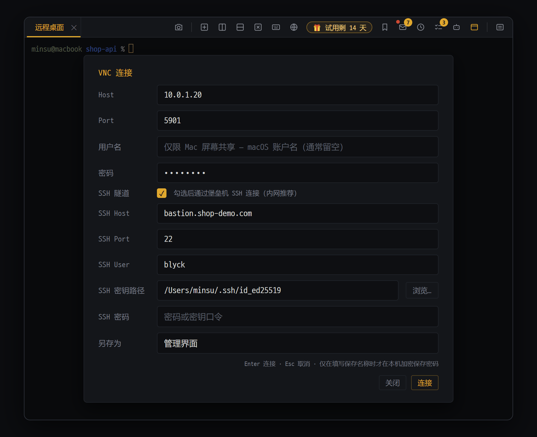 VNC 连接窗口(Ctrl+Alt+V)— 通过 SSH 隧道连接内网电脑的画面
